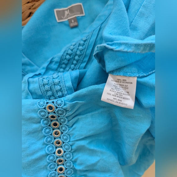 JM COLLECTION Blue 100% Linen Blouse Shirt Top Women's Size 8 - Picture 11 of 11